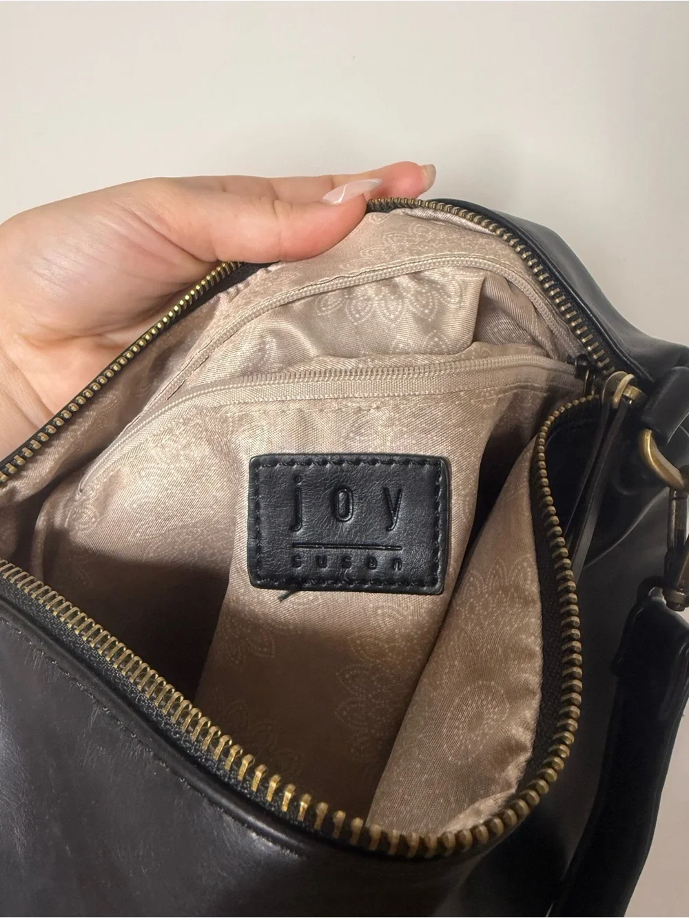 Joy Susan Black Leather Shoulder Bag with Gold Hardware